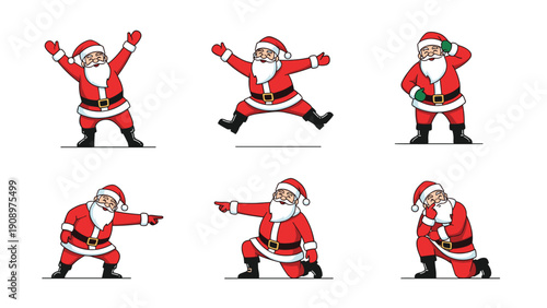 Set of various Santa Claus poses including waving, jumping, pointing, and thinking to illustrate different emotions during Christmas.