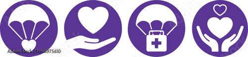 charity symbols hand holding heart parachute medical kit