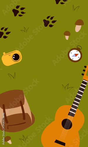 Flat vector illustration of camping outdoors. Mountains, campfire, tent, nature, camper, trees, coffee, backpack, guitar, kettle, boiler, tea, silence, calm, peace, marshmallows on fire