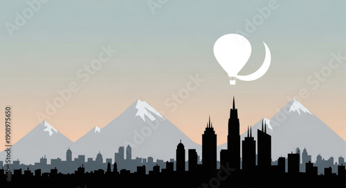 Cityscape silhouette with mountains and a balloon.
