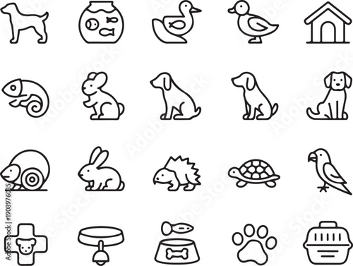 pet icon collection minimal line art animals and care items