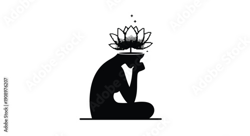 Silhouette of a person meditating with a blooming lotus flower emerging from their head, symbolizing growth and mindfulness.