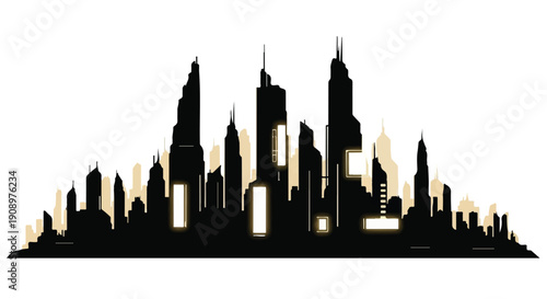 Modern city skyline silhouette at dusk with glowing windows, representing urban growth and future progress.