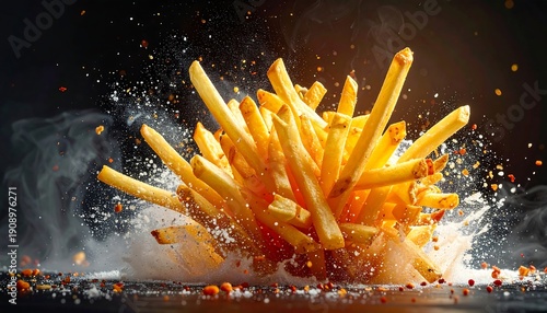 A mouthwatering pile of golden fries explodes