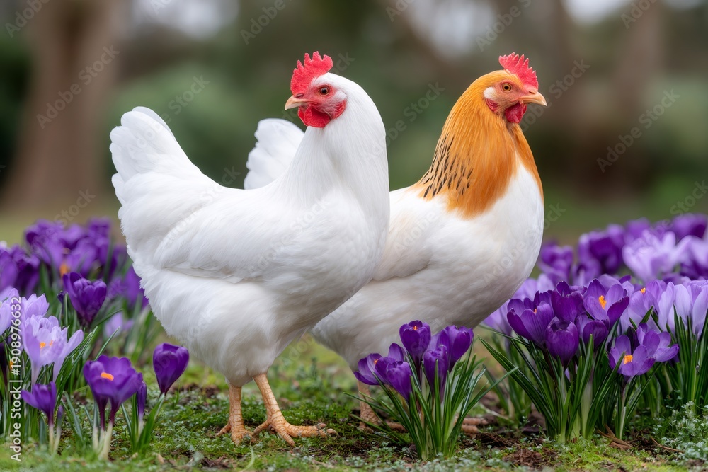 Fototapeta premium Two hens standing among vibrant purple crocus flowers