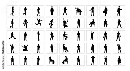 Collection of diverse human silhouettes in various poses and actions.
