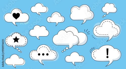 Cloud Speech Bubbles Set on Blue Background