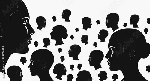 Silhouettes of diverse human faces communicating and connecting.