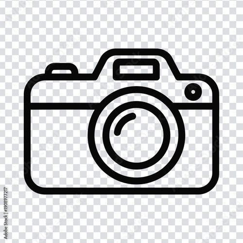 A simple black line drawing of a camera on a transparent background