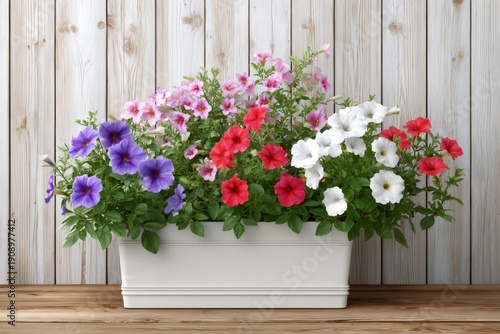 Colorful petunia flowers blooming in window box