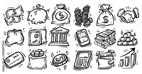 Hand Drawn Bank and Finance Doodle Illustration Set
