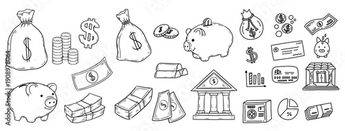 Hand Drawn Bank and Finance Doodle Illustration Set
