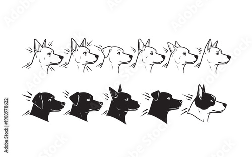 Collection of illustrative dog heads in various shades