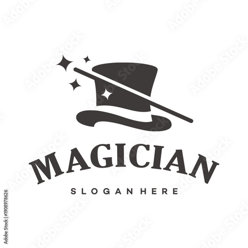 Magician Logo Design with Classic Top Hat, Magic Wand and Sparkling Stars Vector Illustration
