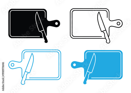 cutting board icon vector. kitchen cutting board with knife outline illustration. Four different styles of a chef s knife and cutting board icon set isolated on white background.
