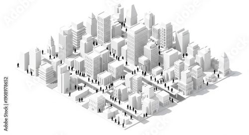 Isometric white cityscape with miniature buildings and trees.