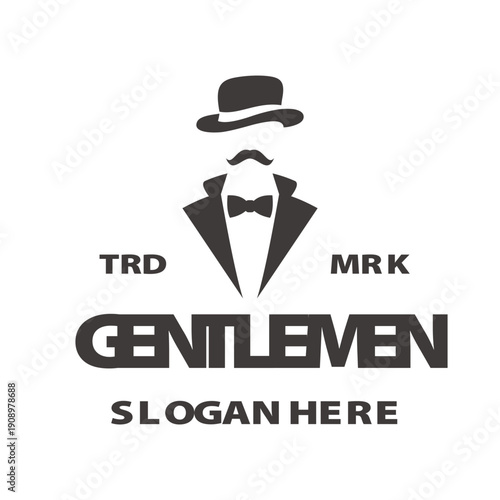 Vintage Gentlemen Logo Design with Bow Tie, Mustache and Classic Bowler Hat Vector Illustration
