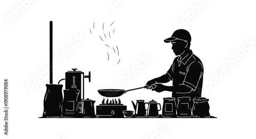 Street vendor skillfully prepares food on a portable stove with steaming pots and containers.