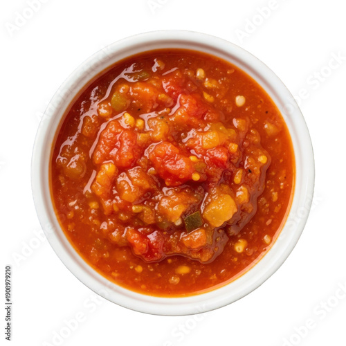 Top view of a bowl filled with chunky salsa or relish, isolated on transparent background