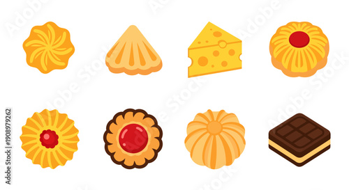 Set of Sweet Cookies, Biscuits, and Pastry Vector Icons Isolated on White Background