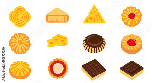 Assorted Sweet Cookies, Biscuits, and Cheese Slices Vector Illustration Set Isolated on White