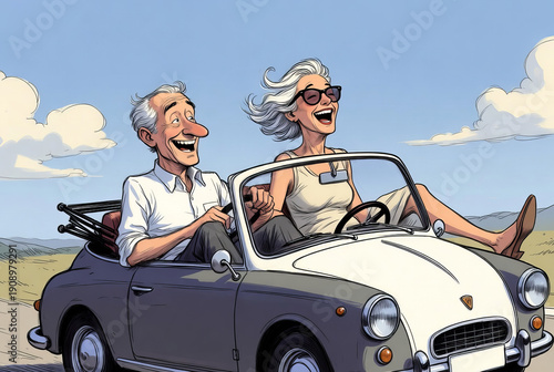 Happy pensioners go on holiday in their old convertible.