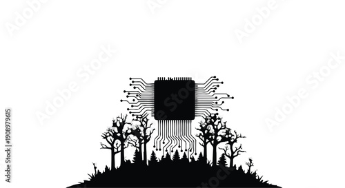Abstract digital circuit board forms a tree-like structure over a dark landscape with silhouetted trees.