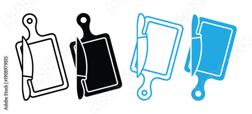 cutting board icon vector. kitchen cutting board with knife outline illustration. Four different styles of a chef s knife and cutting board icon set isolated on white background.
