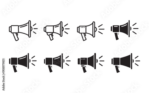 A collection of eight megaphone icons in various styles and orientations