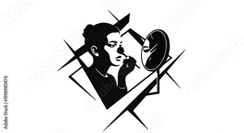 Woman applying makeup using a brush, reflected in a mirror with abstract geometric lines