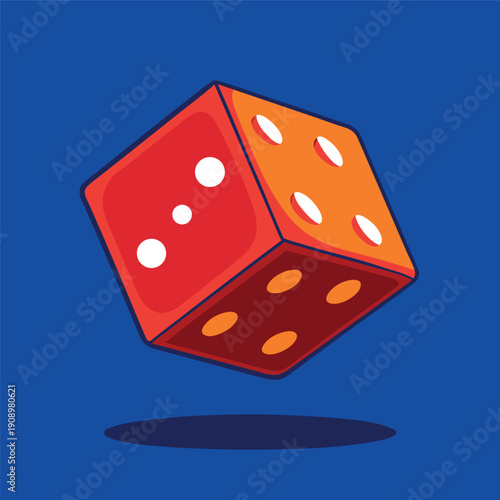 A colorful red and orange dice floating in the air with a blue background