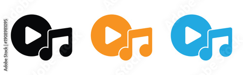  play button icon. music notes icon. video play media controls icon.
