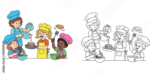 Happy children chefs cooking pancakes in kitchen vector illustration with coloring page outline.