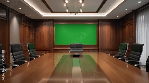 conference room with chairs and tv with green screen on the wall