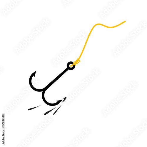 a black triple fishing hook (treble hook) with a yellow fishing line and stylized water droplets. Clean flat design for fishing, angling, and outdoor sport themes.