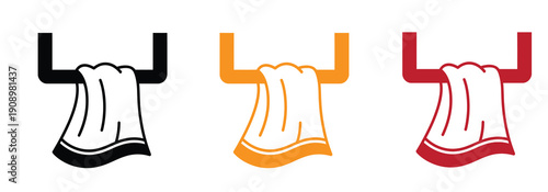 Metal over-door rack with hanging towel in cartoon and outline styles with and  used for bathroom storage on white background. Colorful hand towel hanging on rail in bathroom. 