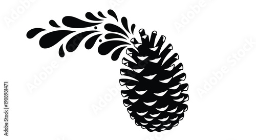 Abstract black pinecone with flowing ink splashes creating a dynamic burst of energy