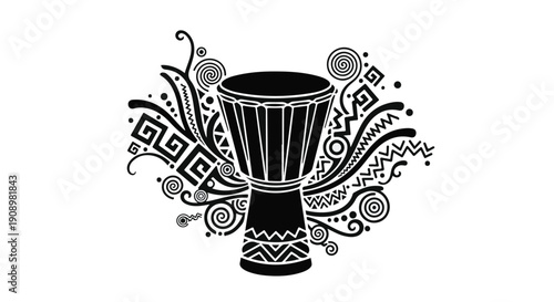 Vibrant African djembe drum adorned with energetic abstract tribal patterns and swirls