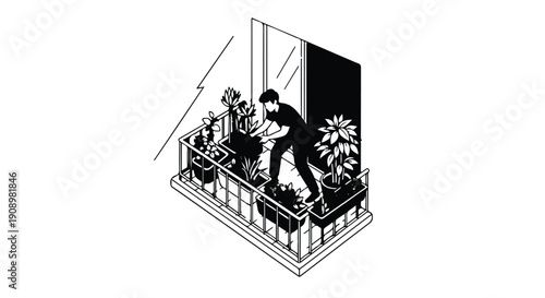 Person tending to plants on a balcony with a modern aesthetic.