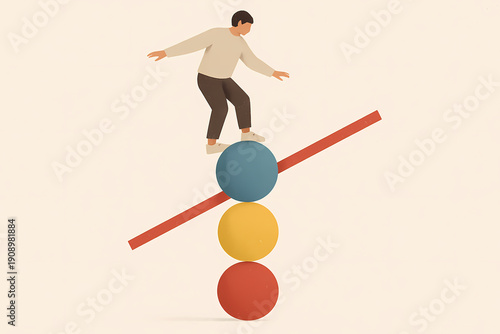 Person Balancing on Colorful Spheres and a Red Bar in a Minimalist Style Setting