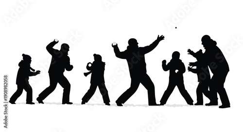 Joyful family and friends engaged in a playful snowball fight outdoors on a bright day.