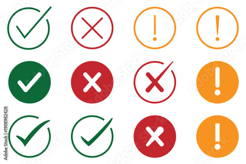 Check mark, exclamation point, x or cross mark icon set. Approve, reject and warning symbol. right , wrong and warning sign. eps 10