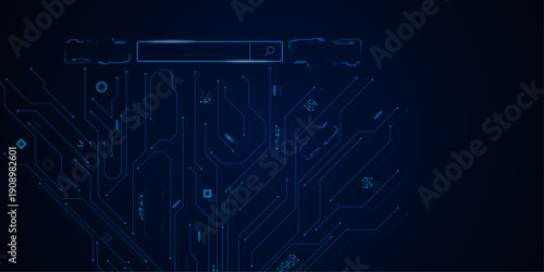 Technology connected blue lines with electronics elements on tech bg. Vector futuristic blue wires on a circuit board on a dark technological background. 