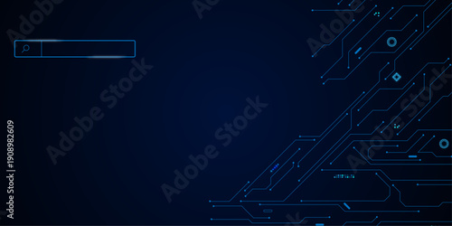 Technology connected blue lines with electronics elements on tech bg. Vector futuristic blue wires on a circuit board on a dark technological background. 