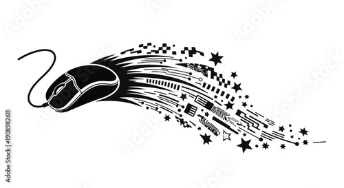 Dynamic computer mouse trailing digital data and stars, symbolizing speed and innovation