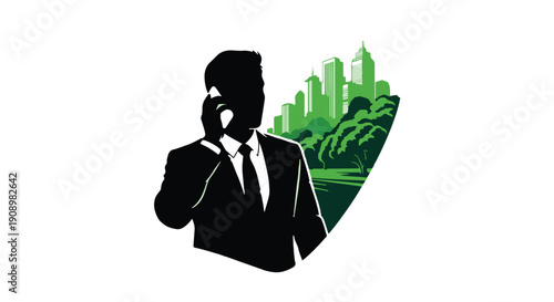 Silhouette of businessman in suit talking on phone with vibrant green cityscape behind him.