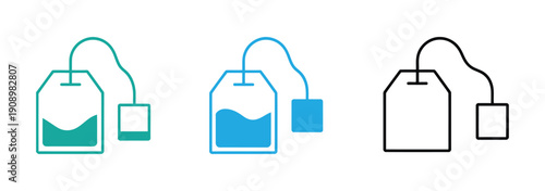 Tea bag vector icon set. Teabag symbol. Herb tea bag packaging for morning beverage logo. A collection tea bag illustrations in various stages.
