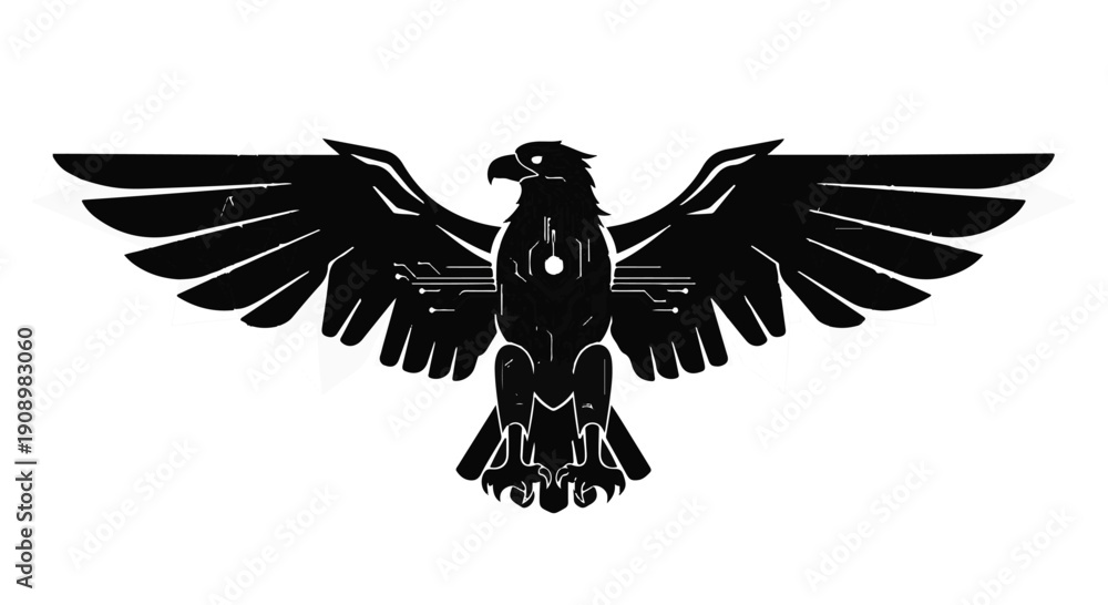 Obraz premium Powerful eagle silhouette with spread wings and robotic elements, symbolizing strength and technology.