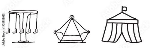 Park rides and fairground attraction black silhouettes. Amusement park rides vector icons set. Outline style illustrations of roller coaster, ferris wheel, vector illustration.