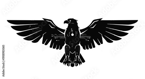 Powerful eagle silhouette with spread wings and robotic elements, symbolizing strength and technology.